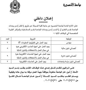 اعلان الادارة العامة لجامعة المنصورة عن حاجة كلية الصيدلة  لشغل الوظائف الاتية 