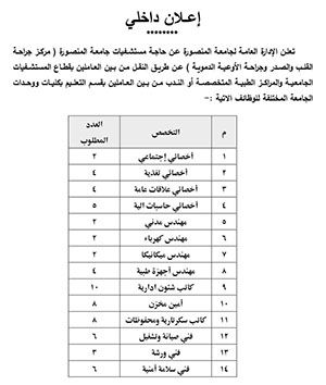 إعلان الإدارة العامة لجامعة المنصورة عن حاجة مستشفيات جامعة المنصورة لشغل الوظائف التالية عن طريق النقل أو الندب