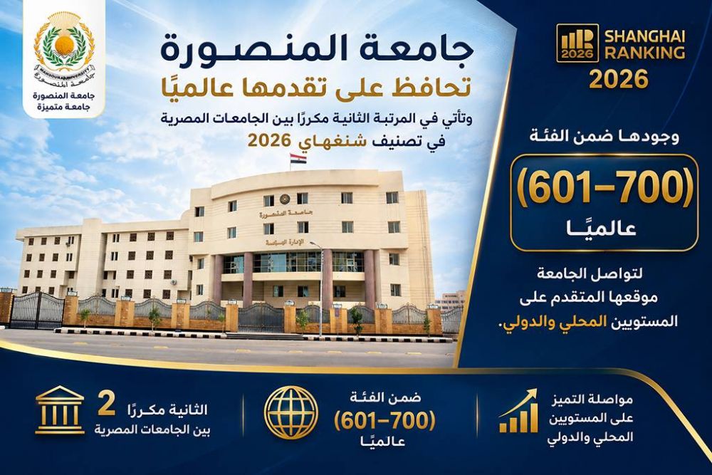 جامعة المنصورة تحافظ على تقدمها عالميًا وتأتي في المرتبة الثانية مكررًا بين الجامعات المصرية في تصنيف شنغهاي 2026